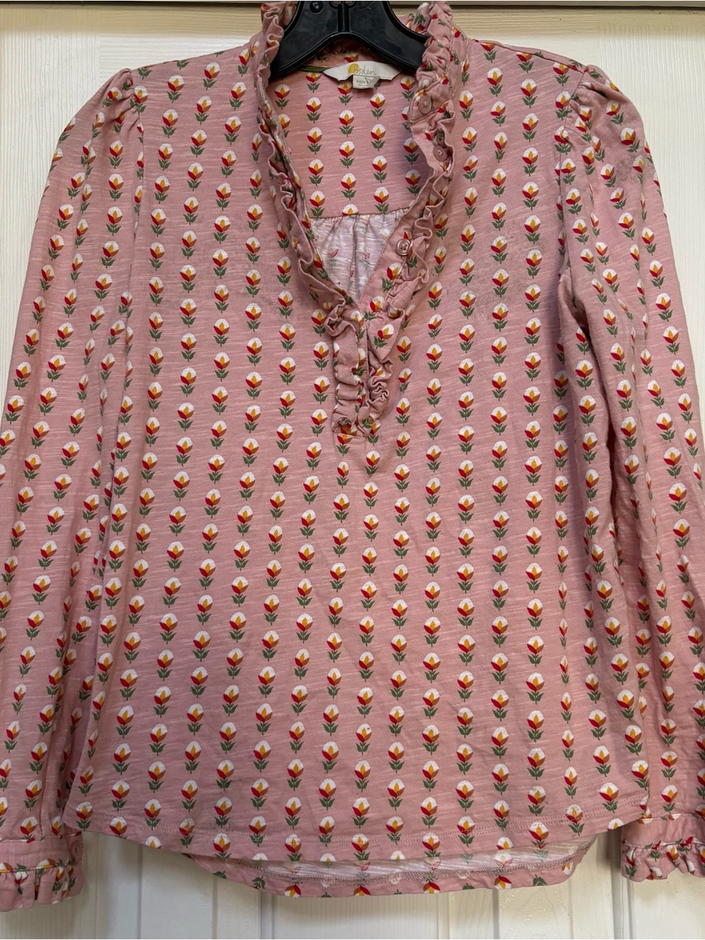 Boden Pink Floral Ruffle V-Neck Blouse